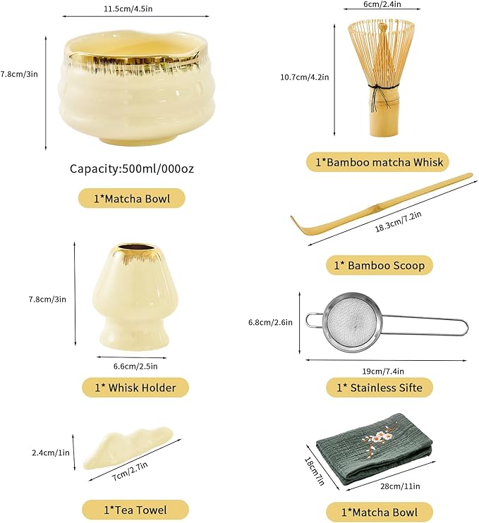 XiaoQuilismic-Matcha Whisk Set: Bamboo blender, matcha bowl, cute stand, ritual tool, Sieve - Family travel with golden texture details, 7-piece set, suitable bowl (yellow)