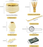 XiaoQuilismic-Matcha Whisk Set: Bamboo blender, matcha bowl, cute stand, ritual tool, Sieve - Family travel with golden texture details, 7-piece set, suitable bowl (yellow)