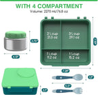 Bento Box for Kids - Leak-Proof Lunch Box with Insulated Thermos Food Jar - 4 Compartments, 1 Removable Divider, 1Spoon, 1 Fork - Dishwasher Safe, BPA-Free (Green)