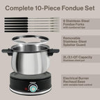 Swissmar Arolla 10 Pieces Stainless Steel Electric Fondue Set - Perfect Fondue Pot Electric Set for Cheese, Caramel, Chocolate, Oil, Broth & More - Gift Ideas for Wedding, House Warming, 2.1 Qt / 2L