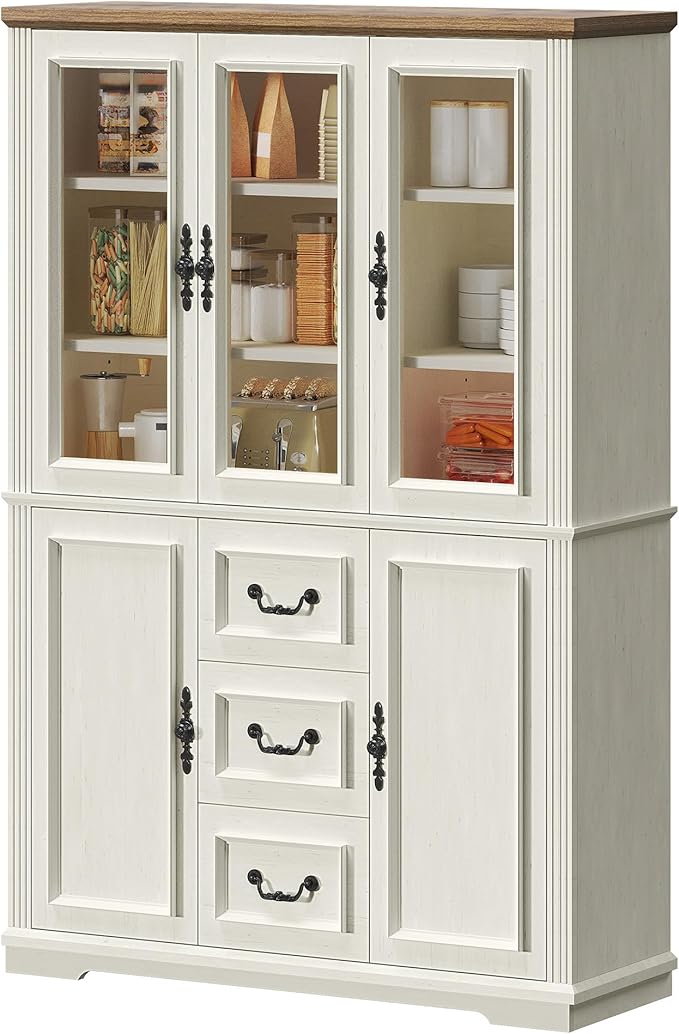 DWVO Large Storage Cabinet, 72" Tall Kitchen Pantry with Glass Doors, Freestanding Glass Display Cabinets with Adjustable Shelves & Drawers, Food China Hutch for Dining Room, Living Room, White