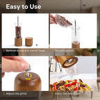 Wooden Salt and Pepper Grinder Set, Premium Oak Wood Salt Grinders Shakers, Pepper Mill with Acrylic Clear Window, Adjustable Ceramic Grinder - 8 inches, 2 Pack