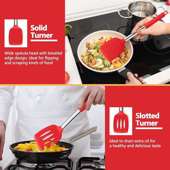 P&P CHEF Red Kitchen Cooking Utensil Set of 4, Silicone Solid Spatulas Slotted Spoons Turners for Non-stick Cookware Flipping Mixing, Heat-proof