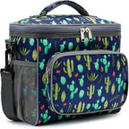 FlowFly Insulated Reusable Lunch Bag Adult Large Lunch Box for Women and Men with Adjustable Shoulder Strap,Front Zipper Pocket and Dual Large Mesh Side Pockets,Cactus