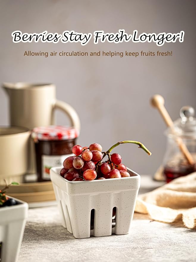 Gomakren Ceramic Berry Basket Set of 2, Square Fruit Bowls with Holes, Rustic Fruit Basket Containers for Kitchen, Berries, Strawberry, Grape, Cherry - Cream White