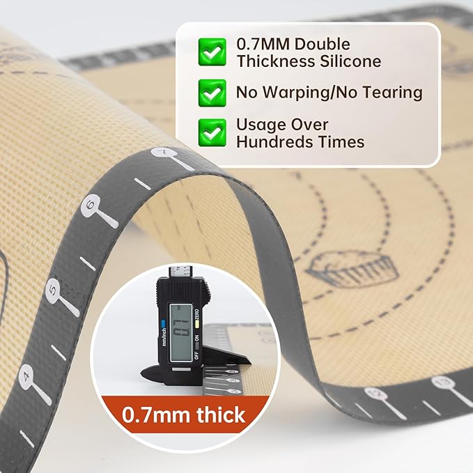 Silicone Baking Mat with 10 Quick Recipes, Extra Thick Silicone Mats for Baking, Non Stick Pastry Mat,Reusable kneading Dough Rolling Mat for Cookie, Macaron, Bread, Pizza-Tutorial Video Included
