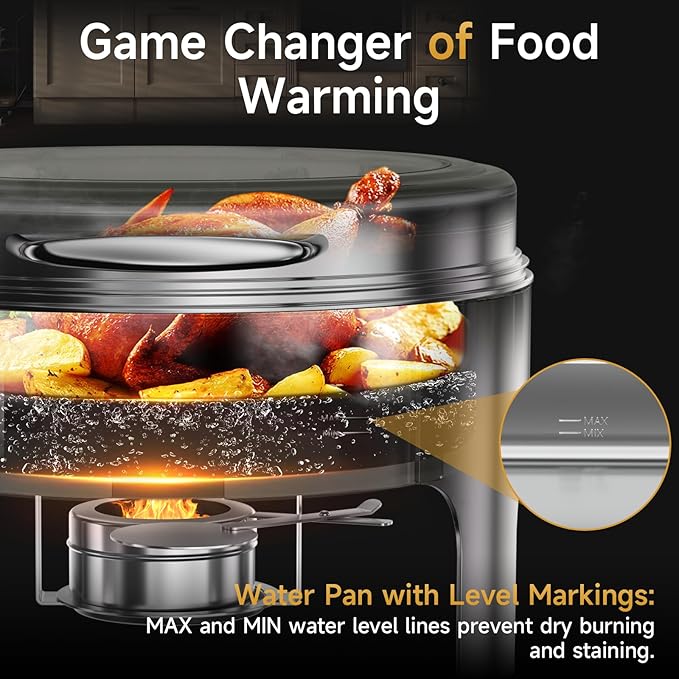 Chafing Dishes for Buffet, 6QT Round Stainless Steel Chafing Dish with Transparent Hydraulic Lid, 304 Food Pan, Buffet Warmer for Parties and Events (Silver)