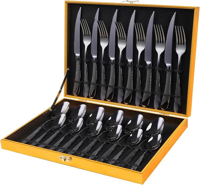 Hammered Black Silverware Set, OGORI 24-Piece 18/10 Stainless Steel Flatware Set, Service of 6