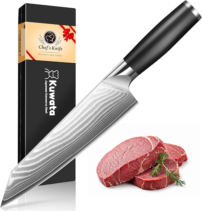 Kuwata Japanese Kiritsuke Chef Knife, Professional Handcrafted 8 inch Kitchen Knife, Japan VG10 Super High Carbon Steel Chef's Knife, Ergonomic Handle Grip and Gift Box