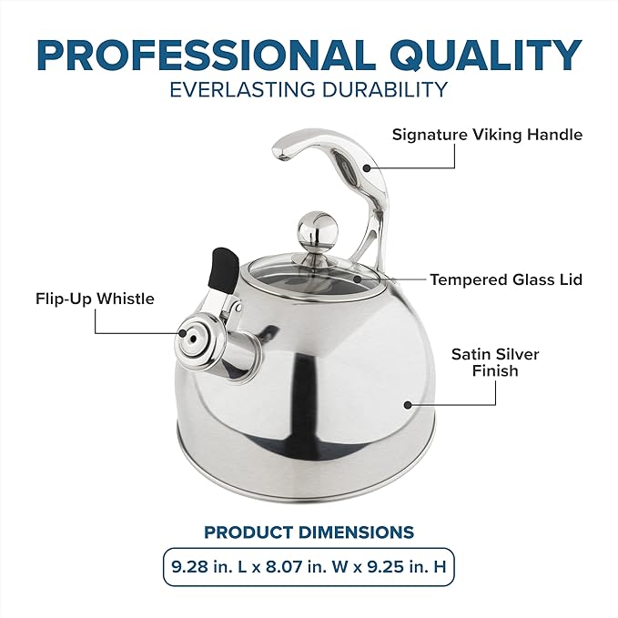 Viking 3-Ply Stainless Steel Tea Kettle, 2.6 Quart Stovetop Hot Water Pot with Tempered Glass Lid, Ergonomic Handle, Induction Ready, Satin Silver