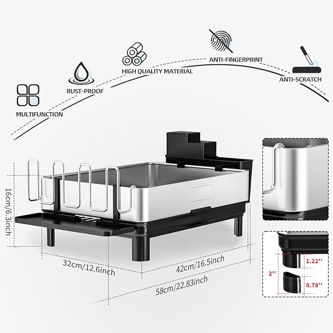 Dish Drying Rack, 304 Stainless Steel Dish Racks for Kitchen Counter, Dish Drainers with Automatic Drainage, Utensil Holder & Cups Holder, Space Saving Kitchen Organizer, Black