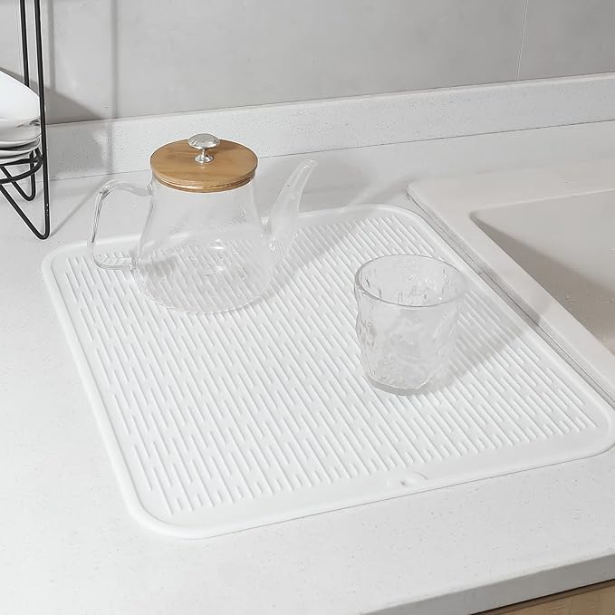 Silicone Dish Drying Mat for Multiple Usage,Easy clean,Eco-friendly,Heat-resistant Silicone Mat for Kitchen Counter or Sink,Refrigerator or Drawer Liner White 2XL 24 inches x 18 inches