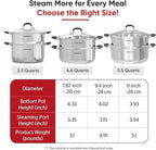 SUNHOUSE - 5.5 Quart Steamer Pots With Lid 2-Tier Multipurpose Stainless Steel Steaming Pot Cookware With Handle For Vegetable, Dumpling, Sauce, Food - Triple Bottom, Measurement Line