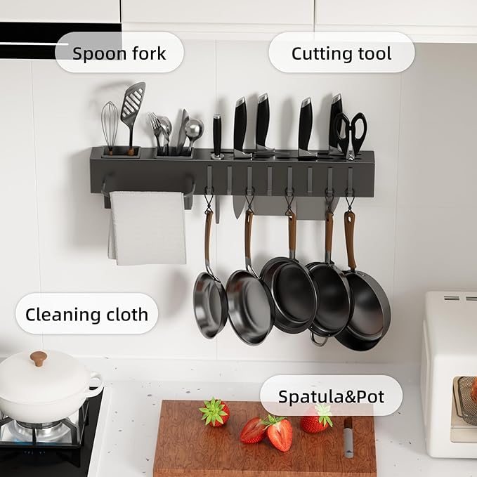 NET MEYA Stainless Steel Pot and Pan Hanger,Wall Mounted Pot Rack Kitchen Hanging Rail With S Hooks,Detachable Pans Hanging Rail Kitchen Lids Utensils Hanger,19.7 InchWall Mounted Hanging Pot Rack