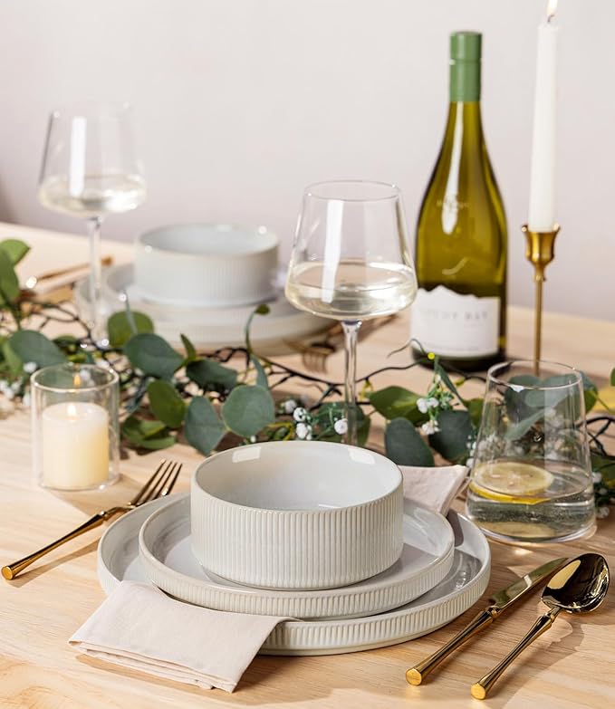 TheTerra Ceramic Dinnerware Sets with Pasta Bowls for 4, 16 Pieces Porcelain Lightweight Plates and Bowls Sets, Scratch Resistant Dish Set, Oven & Microwave & Dishwasher Safe, Reactive White