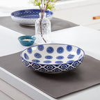 Ceramic Pasta Bowls Set - 32 OZ Porcelain Serving Soup Cereal Bowls 8.5 inch Wide and Shallow Salad Dinner Bowls - Microwave Dishwasher Oven Safe - Set of 4 - Vintage Blue