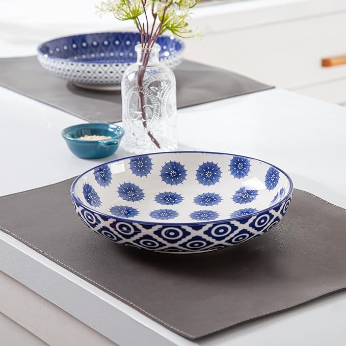 Ceramic Pasta Bowls Set - 32 OZ Porcelain Serving Soup Cereal Bowls 8.5 inch Wide and Shallow Salad Dinner Bowls - Microwave Dishwasher Oven Safe - Set of 4 - Vintage Blue