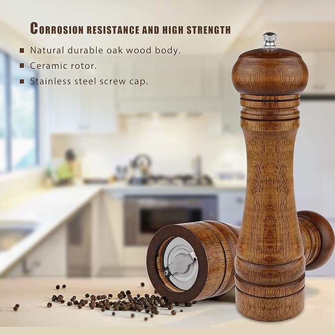 Pepper Grinder - 8 inch Pepper Mill Oak Wooden Pepper Mill Grinder Refillable Grinder Pepper with Ceramic Grinding Mechanism Adjustable Coarse to Fine (1 Pack)