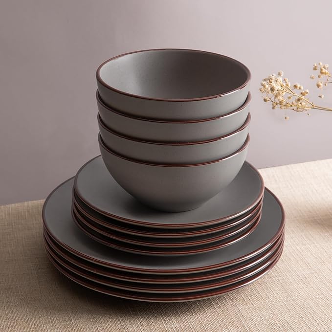 Famiware Venus Plates and Bowls Sets, 18 Pieces Stoneware Dinnerware Sets, Speckled Dishes Set for 6, Microwave and Dishwasher Safe, Matte Dark Grey