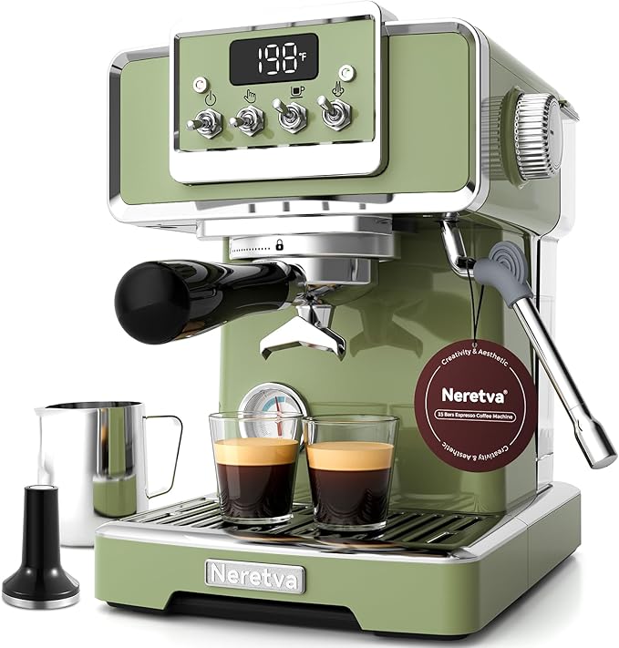 Neretva Espresso Machine, 58mm Professional Espresso Coffee Machine 15 Bar Retro Espresso Maker with Powerful Milk Frother & Visible Pressure Gauge for Home Barista Latte and Cappuccino Maker-Green