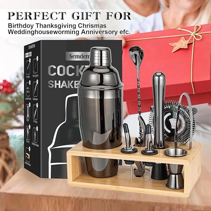 Cocktail Shaker Set, Mixology Bartender Kit 10-Piece Bar Tool Set with Stylish Bamboo Stand, Bar kit: Martini Shaker Mixing Spoon Muddler Jigger Corksrew for Barware Set | Black