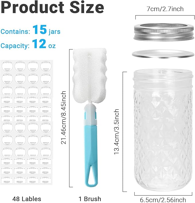 DHSBTLS Glass Regular Mouth Mason Jars, 15 Pack 12 oz Glass Canning Jars with Silver Aluminum Lids and Bands, Airtight Jars for Food Storage, Canning, Overnight Oats, Fermenting, Pickling, Decor