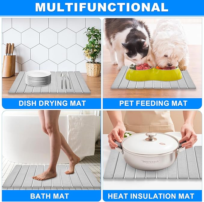 Large Stone Dish Drying Mat for Kitchen Counter,24"(L)×16"(W),Collapsible Quick Dry Dish Drying Mat,Diatomaceous Earth Mats for Cutlery, Pots and Bottles,Match Any Countertop