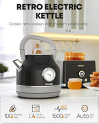 Amaste Electric Kettle, Retro Electric Tea Kettle With Thermometer, 57 Oz Hot Water Kettle For Coffee & Tea, 304 Stainless Steel, 1500w Fast Boiling, Auto Shut-Off & Boil Dry Protection, Black