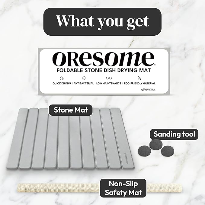 Large Stone Drying Mat for Kitchen Counter, Ultra-Absorbent & Quick Drying, Foldable Diatomaceous Earth Dish Drying Mat, Durable & Non-slip Stone Dish Drying Mat for Dishes & Utensils, 24"×16"