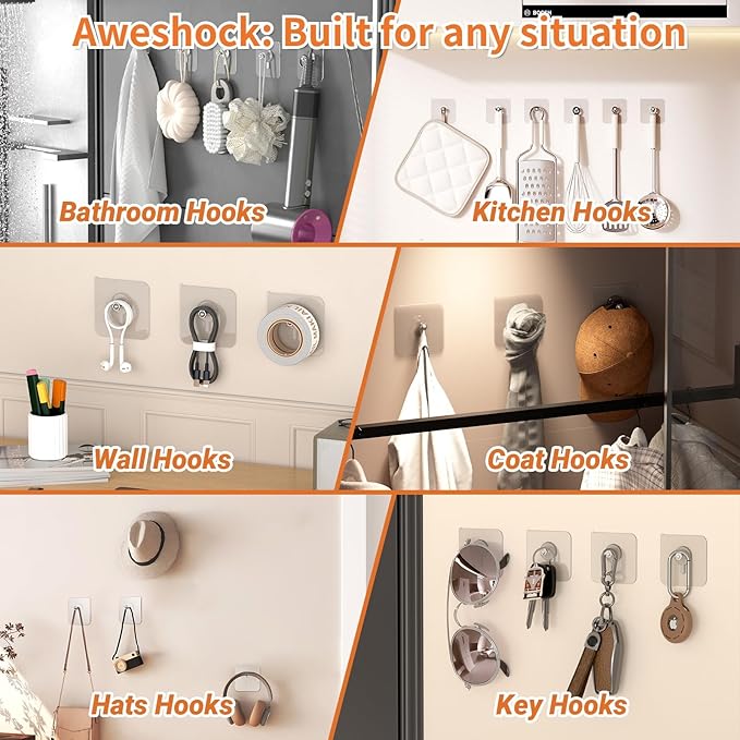 Shower Hooks for Inside Shower, 20 Packs Wall Hangers Without Nails,Adhesive Wall Hooks 13 lbs Load Max, Bathroom WallSticky for Hanging Towels