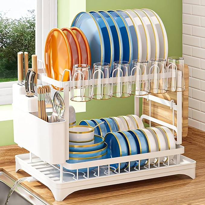 Kitchen Dish Drying Rack, Large 2-Tier Dish Drying Rack with Draining Board, Kitchen Countertop Organizer, Multi-Use Utensil Organizer and Cup Holder, White