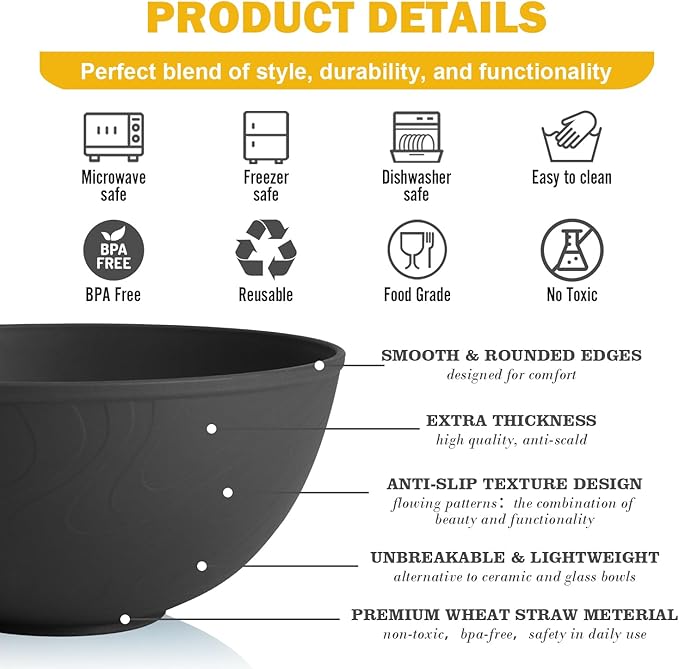 Unbreakable Cereal Bowls 40 OZ, Wheat Straw Bowls Set of 6 with Unique Pattern, Reusable Plastic Bowl for Cereal, Soup, Salad and Ramen, Indoor & Outdoor Essentials, Black