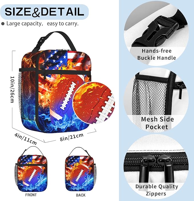 American Football Lunch Bag for Boys Girls Football Lunch Box for Kids Teens School Work Office Travel Picnic Hiking Insulated Reusable Waterproof Leakproof Boys Lunchbox School Gift