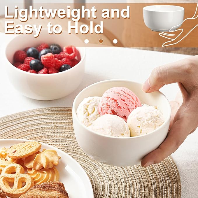 Jassceram Ice Cream Bowls Set of 8,12 Oz Ceramic Small Bowls for Soup, Side dishes, Cereal Bowls for Dessert, Snack, Suitable for Portion Control - Dishwasher & Microwave Safe, 4.5 Inch, White