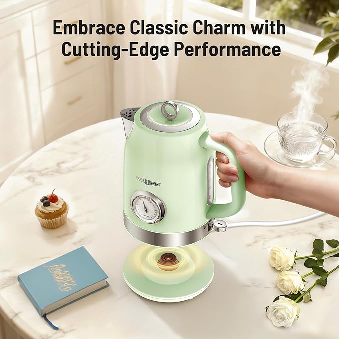 Retro Electric Kettle, PARIS RHÔNE 1.7L Hot Tea Kettle with Thermometer, 1500W Fast Heating, Cordless Design, LED Indicator, Auto Shut-Off & Boil Dry Protection