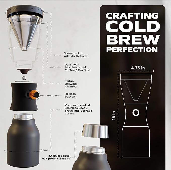 asobu Cold Brew Coffee Maker, Award-Winning 40oz Insulated Cold Brew Brewer with Portable Stainless Steel Carafe – No.1 Europe Coffee Fest Winner, Leakproof, BPA-Free, Keeps Cold 24H