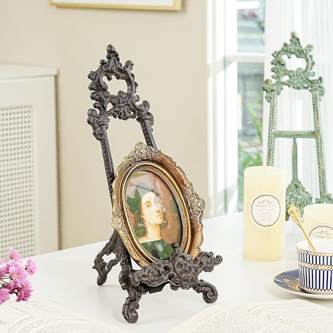 Sungmor Vintage Cast Iron Cookbook Stand, Small Ornate Easel Fleur De Lis Stand, 15.5" Tall Antique Brown Table Top Display Holder for Recipe Book, Picture Frame, Plate, Home Kitchen Decor