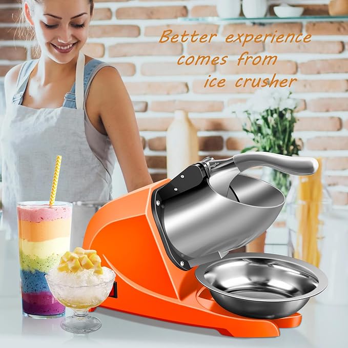 Ice Shaver, Electric Shaved Ice Machine 4-blades Ice Shaver Machine,200lbs/hr ice crusher with Ice Pick for Home and Commercial Use（Orange）