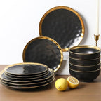 vicrays Ceramic Dinner Plates Set, 10 Inch, Set of 6, Round, Dishwasher Safe, NOT Microwave Safe, Suitable for Steak, Pasta, Home, Party, Restaurant（Black with Golden）