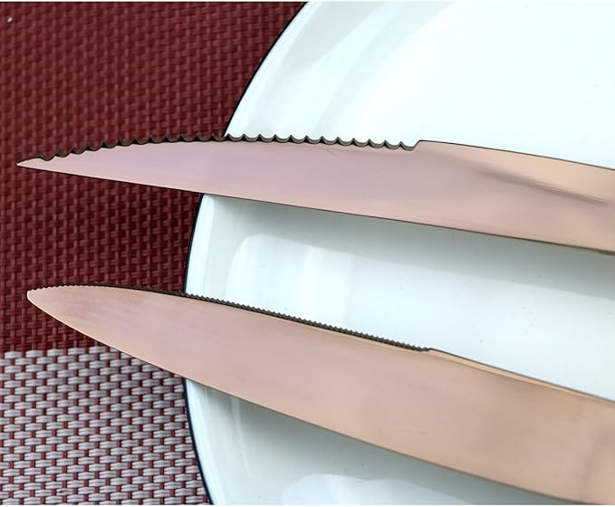Stainless Steel Mirror Polished Rose Gold Flatware Set , Steak Knife Dinnerware Knife Fork Salad Fork Dessert Spoon 24-piece , Service for 4