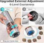 Vivosparks Electric Salt and Pepper Grinder Set, Upgraded 2-Speed Rechargeable Mills with 6-Level External Adjustable Coarseness, Stainless Steel, One-Hand Use, Storage Base & Gift Packaging