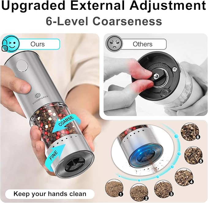Vivosparks Electric Salt and Pepper Grinder Set, Upgraded 2-Speed Rechargeable Mills with 6-Level External Adjustable Coarseness, Stainless Steel, One-Hand Use, Storage Base & Gift Packaging