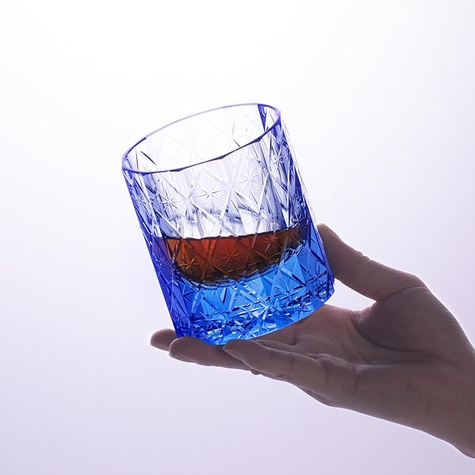 KAMMAK Crystal Whiskey Glass Set of 2, 7.78 oz (230 ml) Handmade Old Fashioned Tumbler, Thick Base Colored Glass with Delicate Rim & Seamless Design for Scotch, Bourbon, Cocktails, Blue 12-Facet