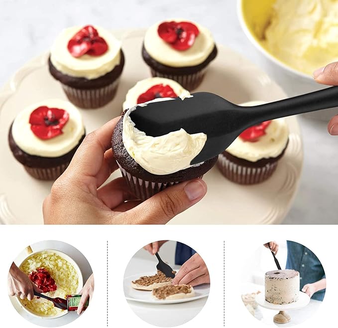 HOTEC 600℉ Heat Resistant BPA-Free Silicone Rubber Spatula Set,Kitchen Cooking Spatulas, Baking, Mixing for Non Stick Cookware, Dishwasher Safe, Black Set of 5