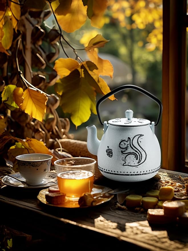 Toptier Teapot with Removable Infuser, Cast Iron Tea Kettle Stovetop Safe, Squirrel Design Tea Pot Coated with Enameled Interior for 32 Ounce (950 ml), Light Blue