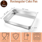 LIANYU 12⅓ x 9¾ x 2 Inch Baking Cake Pan, Rectangle Bakeware for Lasagna Brownies Casseroles, Stainless Steel Toaster Oven Pan, Dishwasher & Oven Safe