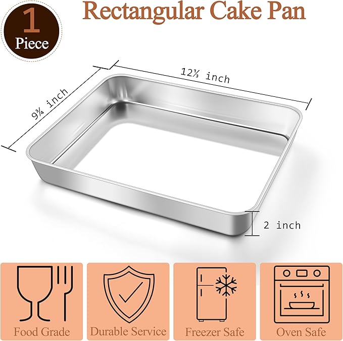 LIANYU 12⅓ x 9¾ x 2 Inch Baking Cake Pan, Rectangle Bakeware for Lasagna Brownies Casseroles, Stainless Steel Toaster Oven Pan, Dishwasher & Oven Safe
