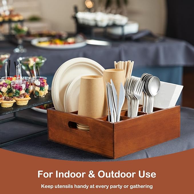 Wood Utensil Holder for Party, 6-Compartment Paper Plate Organizer with Handles, Wooden Silverware Caddy for Picnic, Camping, BBQ, Buffet, and Kitchen Countertop Organization, Brownish red