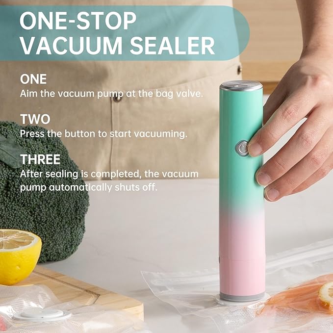 Vacuum Sealer, Handheld Compact Vacuum Sealer, Vacuum Pump for Food Fresh & Save Meal Prep Sous Vide, Portable Cordless Sealer Machine for Travel, with 22 Reusable Vacuum Bags, Green