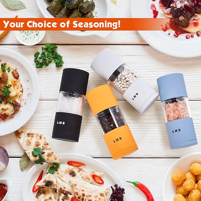 LHS Premium Salt and Pepper Grinder Set, Stainless Steel Salt Pepper Shakers Set, Refillable Peppercorn Grinder and Sea Salt Mill with Adjustable Coarseness for Kitchen Use - 4.6 Inches(Set of 4)